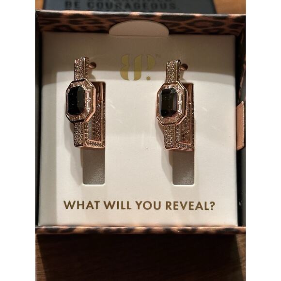 Bomb Party UNTAMED "Bound By Style" Earrings Hoops Black Onyx Rose Gold Plated - Picture 3 of 4